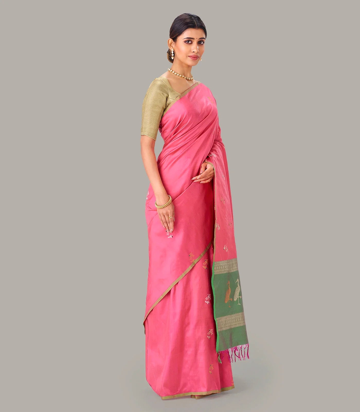 Bubble-gum Pink Handloom Banarasi Silk Saree With Bird Buttas