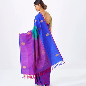 Cyan Handloom Kanchipuram Silk Saree With Zari Checks & Ganga Jamuna Border