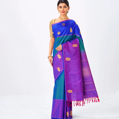 Cyan Handloom Kanchipuram Silk Saree With Zari Checks & Ganga Jamuna Border