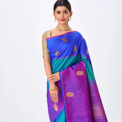 Cyan Handloom Kanchipuram Silk Saree With Zari Checks & Ganga Jamuna Border