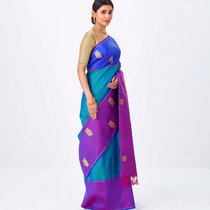 Cyan Handloom Kanchipuram Silk Saree With Zari Checks & Ganga Jamuna Border