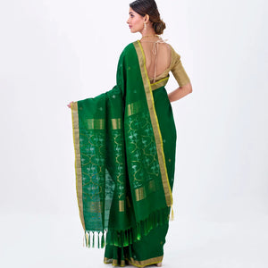 Dark Green Handloom Uppada Silk Saree With Zari Buttas