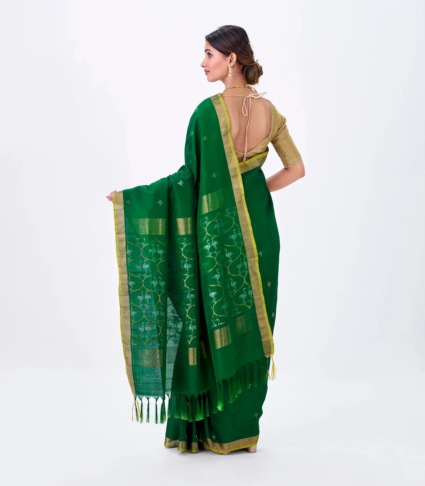 Dark Green Handloom Uppada Silk Saree With Zari Buttas
