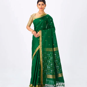 Dark Green Handloom Uppada Silk Saree With Zari Buttas