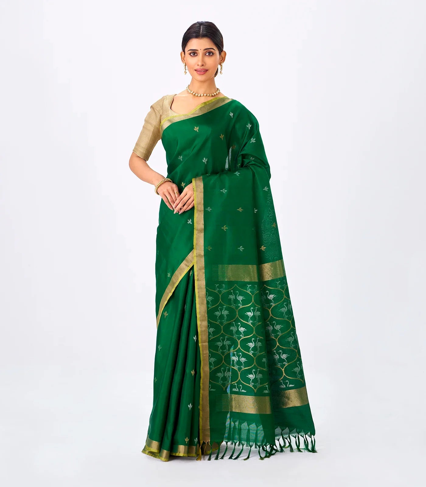 Dark Green Handloom Uppada Silk Saree With Zari Buttas