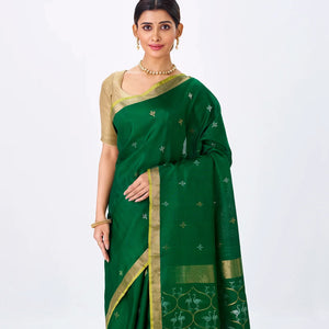 Dark Green Handloom Uppada Silk Saree With Zari Buttas