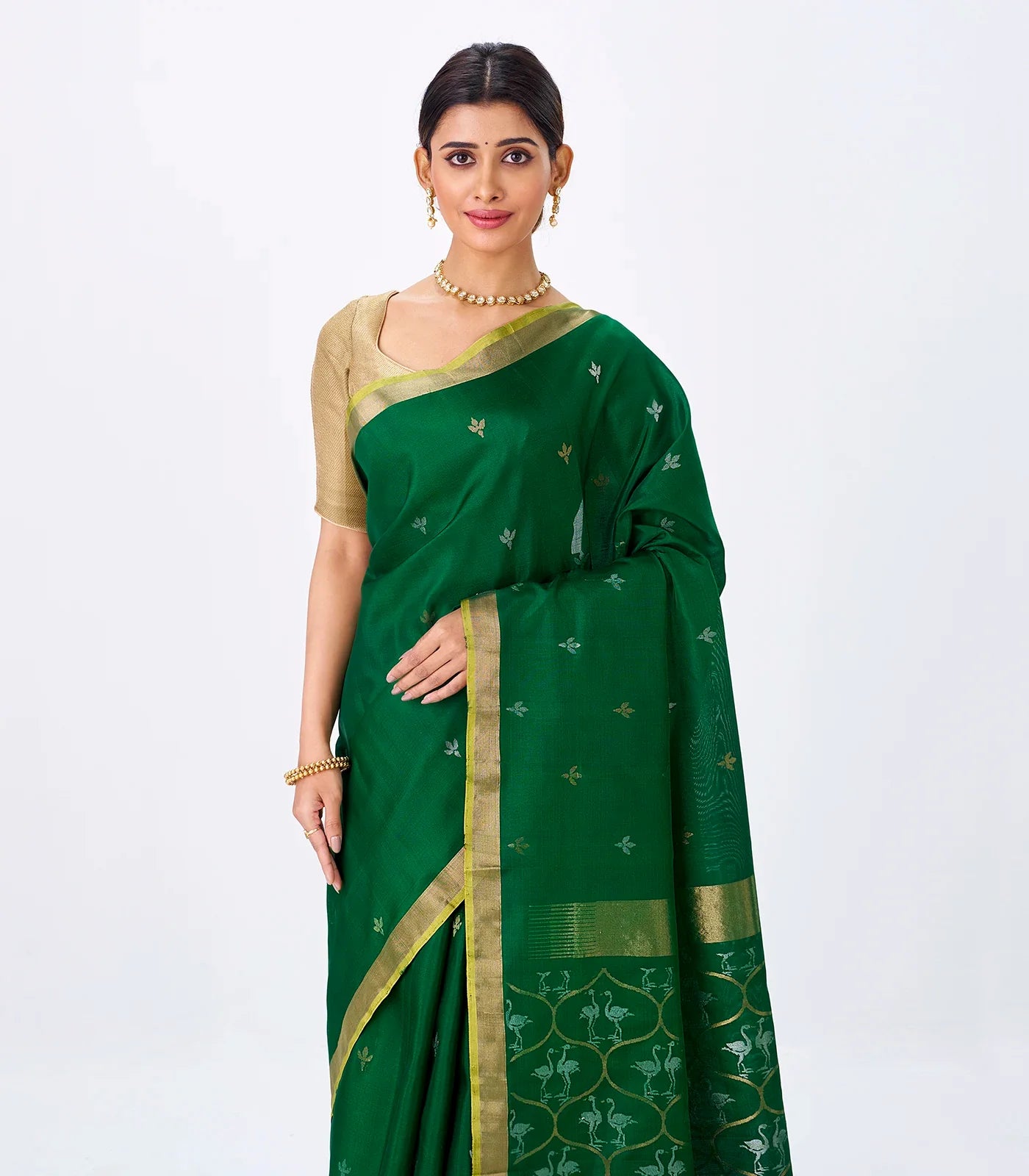 Dark Green Handloom Uppada Silk Saree With Zari Buttas