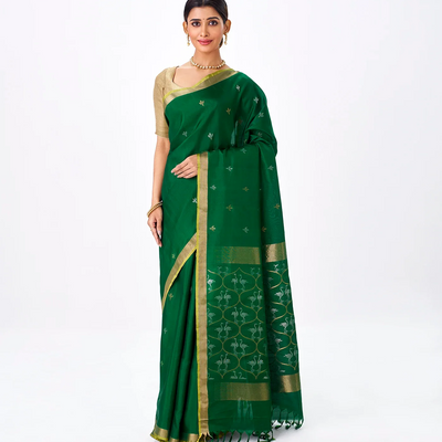 Dark Green Handloom Uppada Silk Saree With Zari Buttas