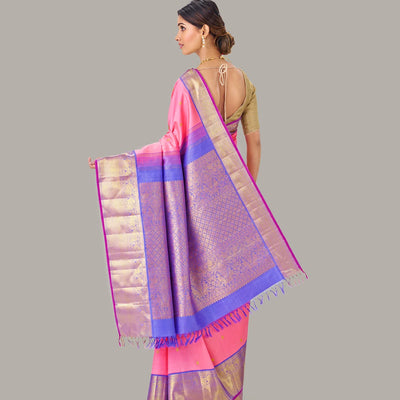 Baby Pink Handloom Kanchipuram Korvai Silk Saree and Zari Buttas