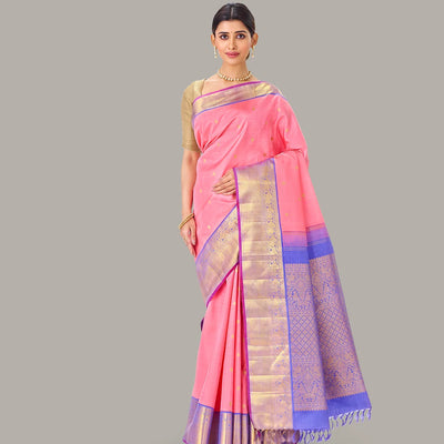 Baby Pink Handloom Kanchipuram Korvai Silk Saree and Zari Buttas