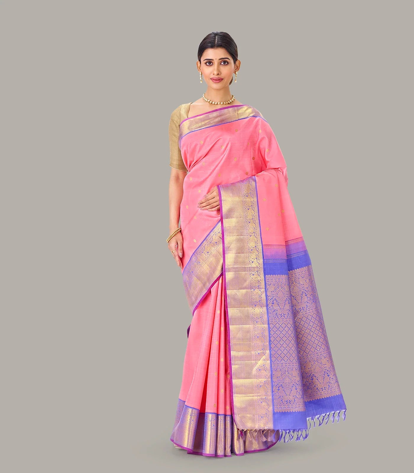 Baby Pink Handloom Kanchipuram Korvai Silk Saree and Zari Buttas