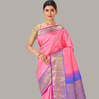 Baby Pink Handloom Kanchipuram Korvai Silk Saree and Zari Buttas
