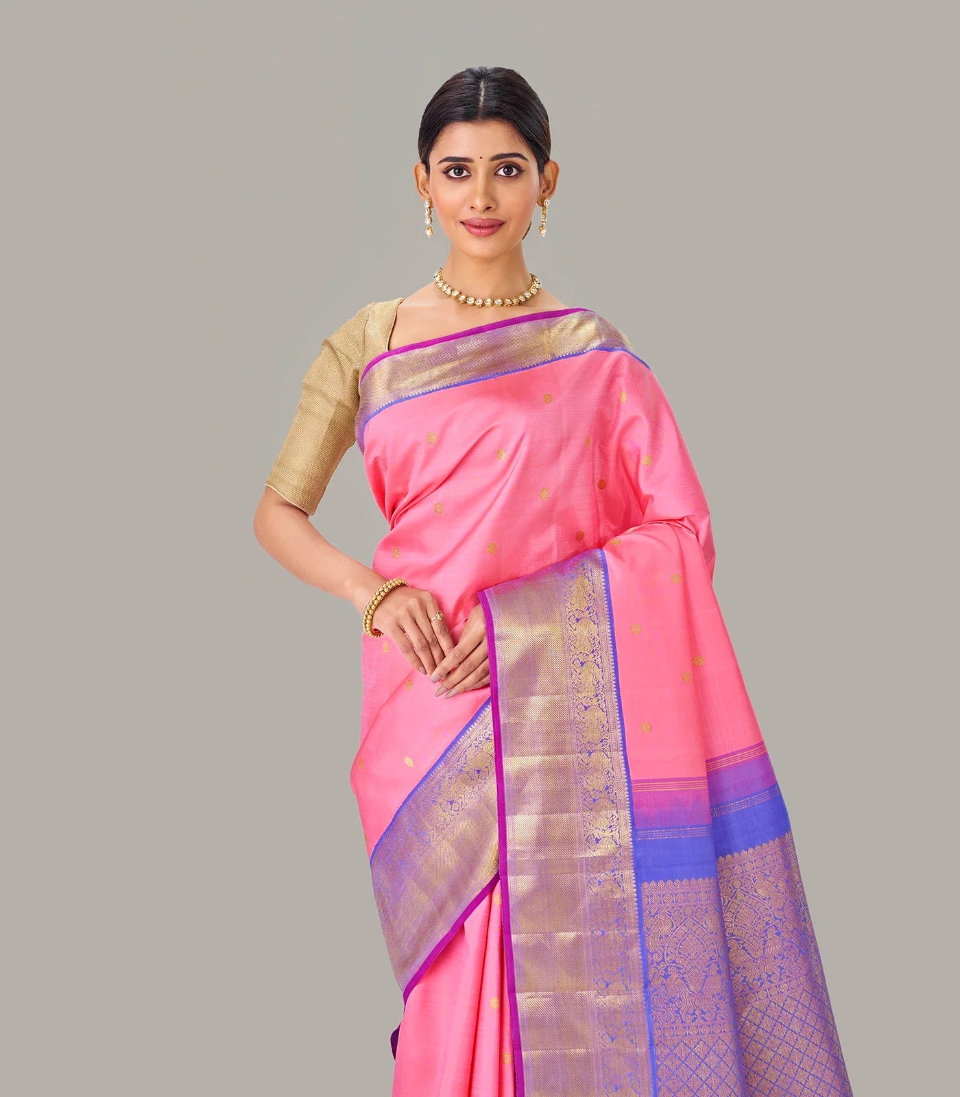 Baby Pink Handloom Kanchipuram Korvai Silk Saree and Zari Buttas