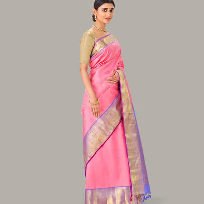 Baby Pink Handloom Kanchipuram Korvai Silk Saree and Zari Buttas