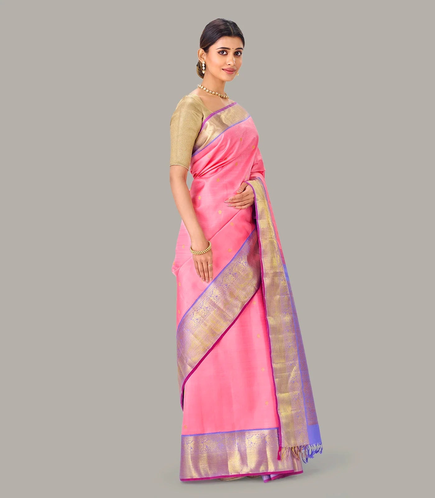 Baby Pink Handloom Kanchipuram Korvai Silk Saree and Zari Buttas