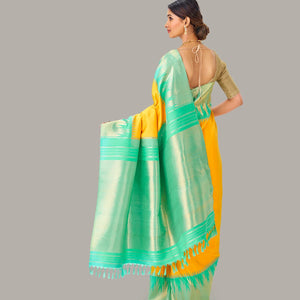 Yellow Handloom Kanchipuram Korvai Silk Saree With Aquamarine Temple Border