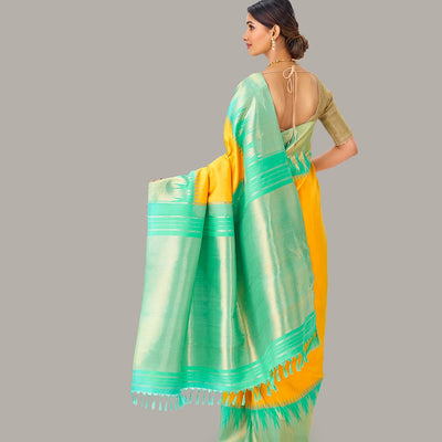 Yellow Handloom Kanchipuram Korvai Silk Saree With Aquamarine Temple Border