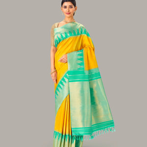 Yellow Handloom Kanchipuram Korvai Silk Saree With Aquamarine Temple Border