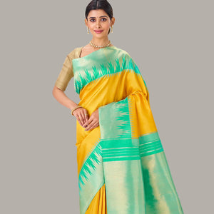 Yellow Handloom Kanchipuram Korvai Silk Saree With Aquamarine Temple Border