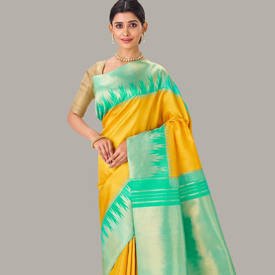 Yellow Handloom Kanchipuram Korvai Silk Saree With Aquamarine Temple Border