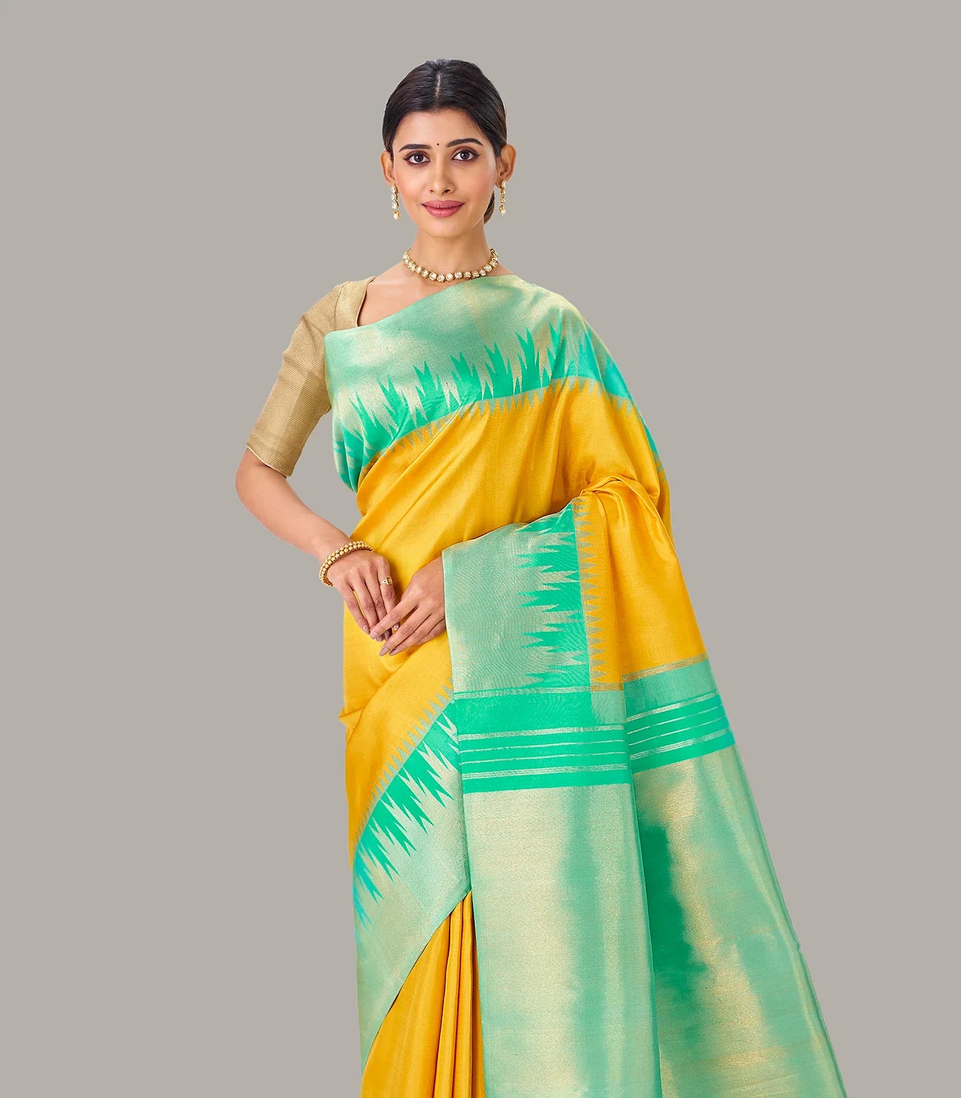 Yellow Handloom Kanchipuram Korvai Silk Saree With Aquamarine Temple Border