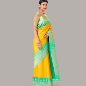 Yellow Handloom Kanchipuram Korvai Silk Saree With Aquamarine Temple Border