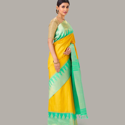 Yellow Handloom Kanchipuram Korvai Silk Saree With Aquamarine Temple Border
