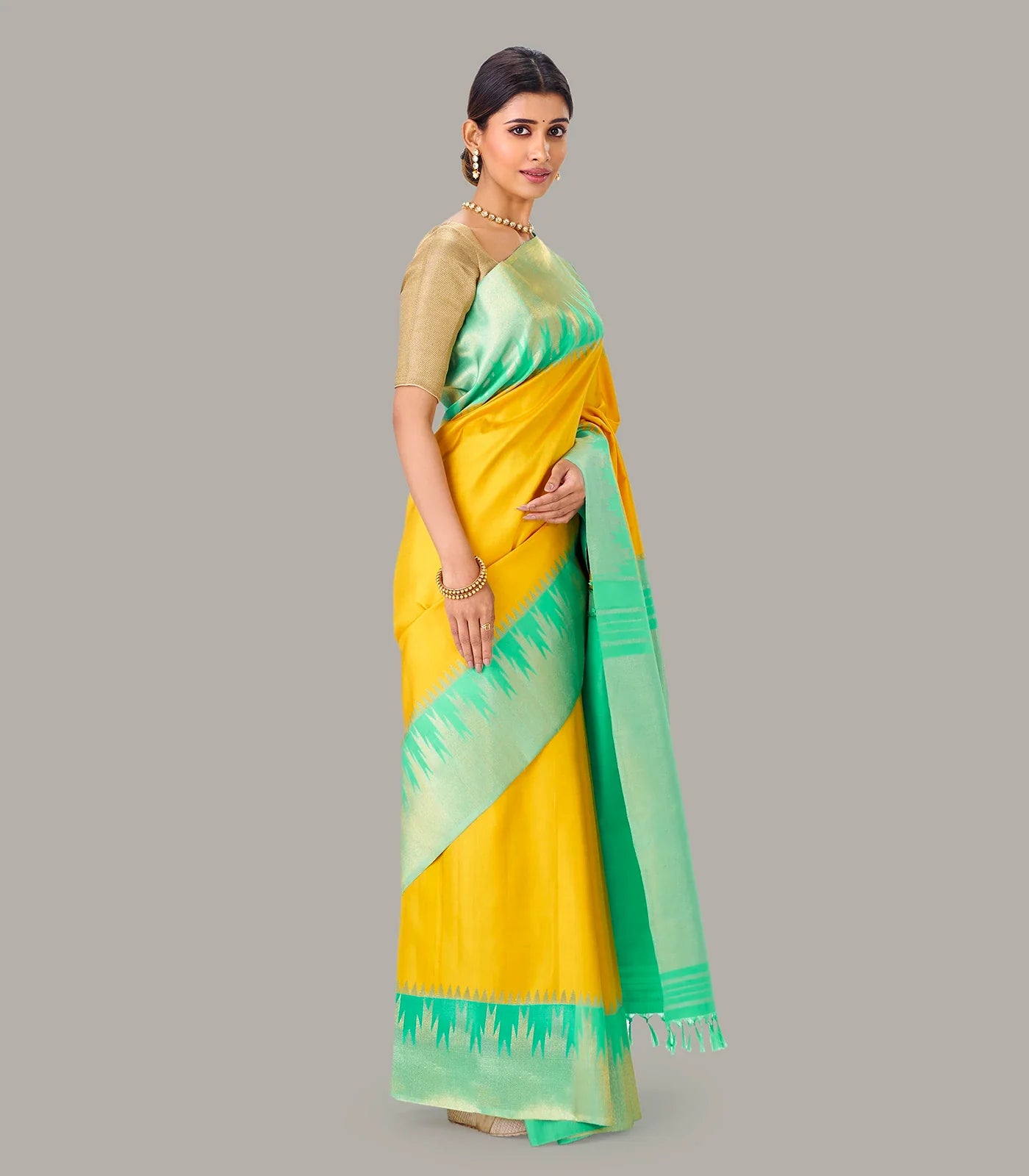 Yellow Handloom Kanchipuram Korvai Silk Saree With Aquamarine Temple Border