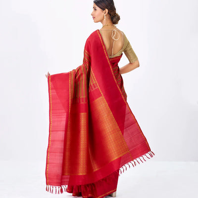 Mustard Handloom Kanchipuram Silk Saree With Stripes