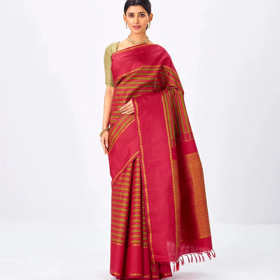 Mustard Handloom Kanchipuram Silk Saree With Stripes
