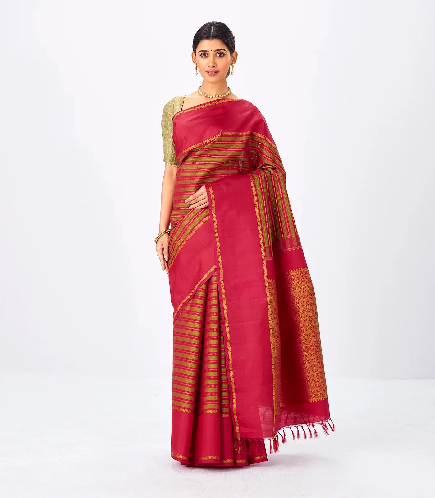 Mustard Handloom Kanchipuram Silk Saree With Stripes