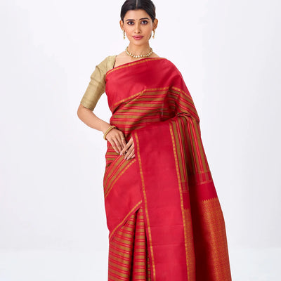 Mustard Handloom Kanchipuram Silk Saree With Stripes