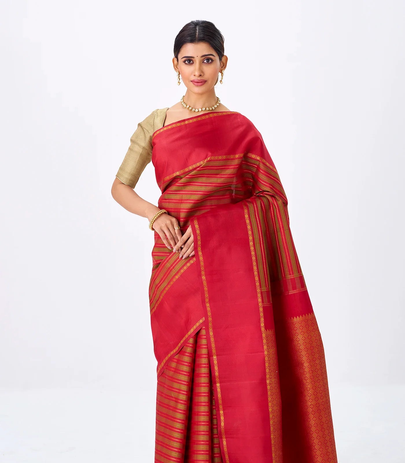 Mustard Handloom Kanchipuram Silk Saree With Stripes