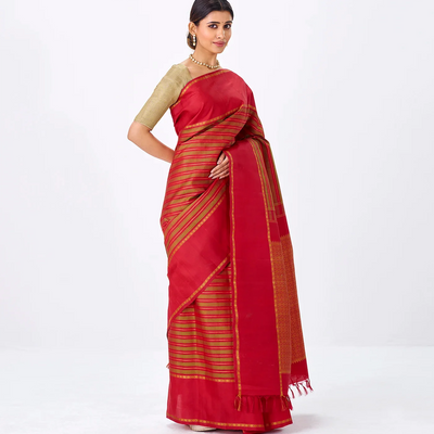 Mustard Handloom Kanchipuram Silk Saree With Stripes