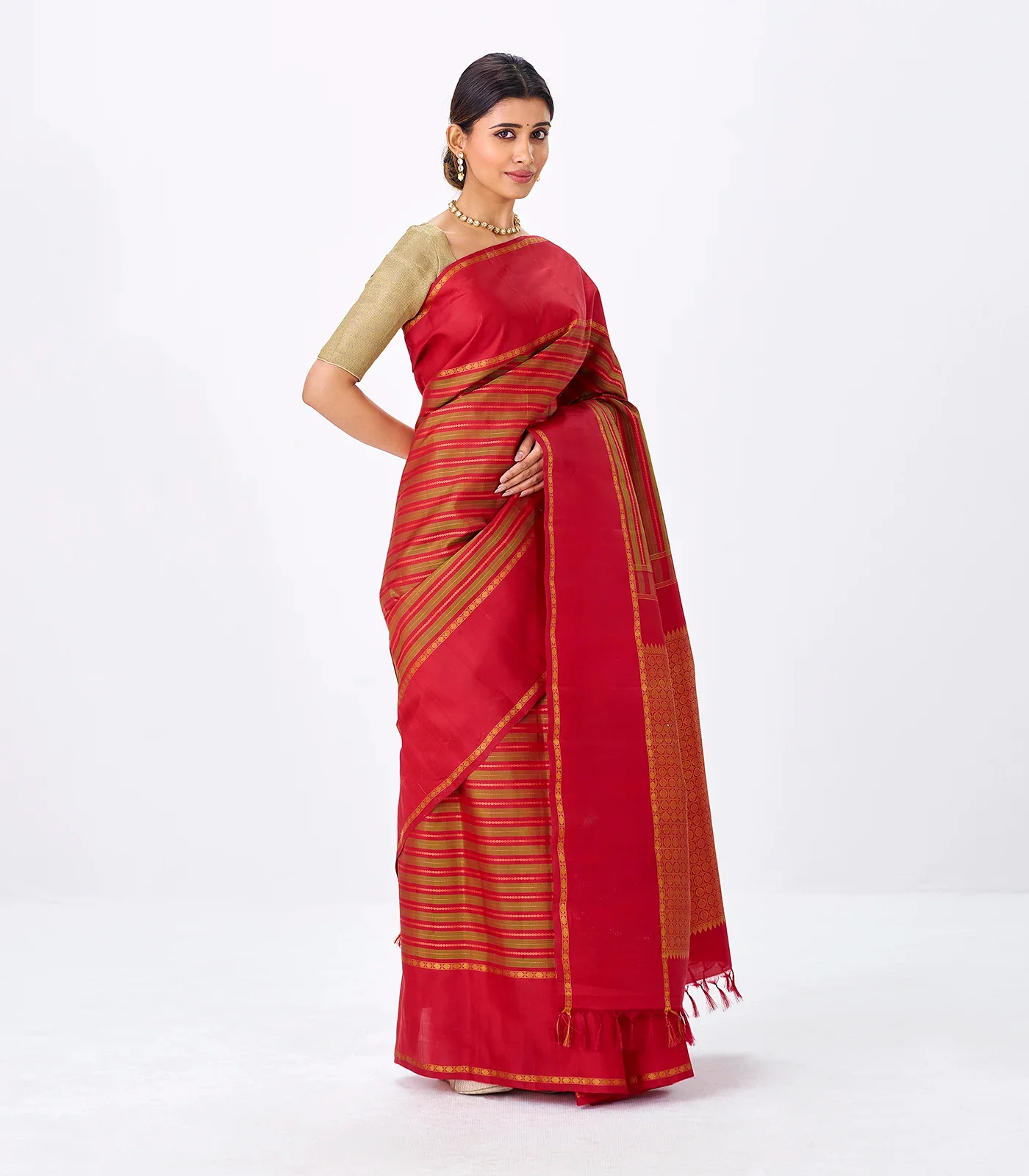 Mustard Handloom Kanchipuram Silk Saree With Stripes