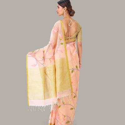 Light Peach Handwoven Banarasi Organza Silk Saree With Floral Motifs