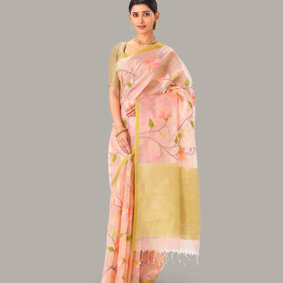 Light Peach Handwoven Banarasi Organza Silk Saree With Floral Motifs