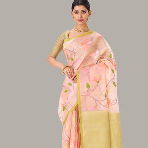 Light Peach Handwoven Banarasi Organza Silk Saree With Floral Motifs