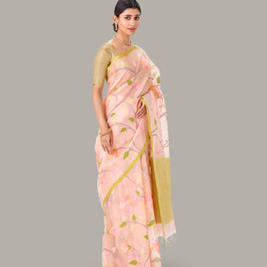 Light Peach Handwoven Banarasi Organza Silk Saree With Floral Motifs