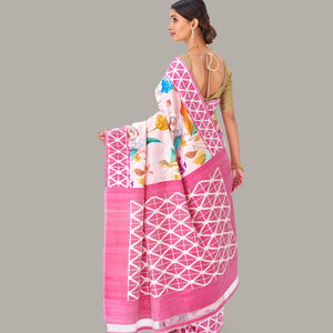 Baby Pink Handloom Silk Saree With Printed Floral Motifs