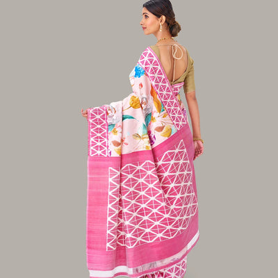 Baby Pink Handloom Silk Saree With Printed Floral Motifs
