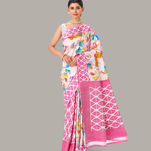 Baby Pink Handloom Silk Saree With Printed Floral Motifs