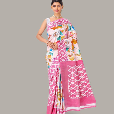 Baby Pink Handloom Silk Saree With Printed Floral Motifs