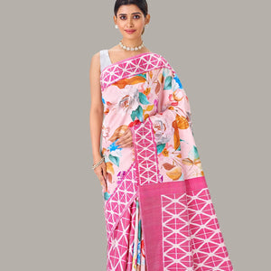 Baby Pink Handloom Silk Saree With Printed Floral Motifs