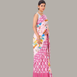 Baby Pink Handloom Silk Saree With Printed Floral Motifs