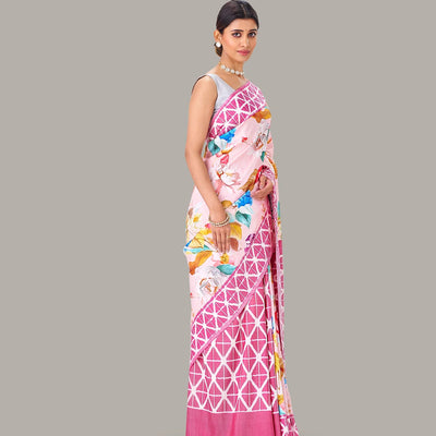 Baby Pink Handloom Silk Saree With Printed Floral Motifs