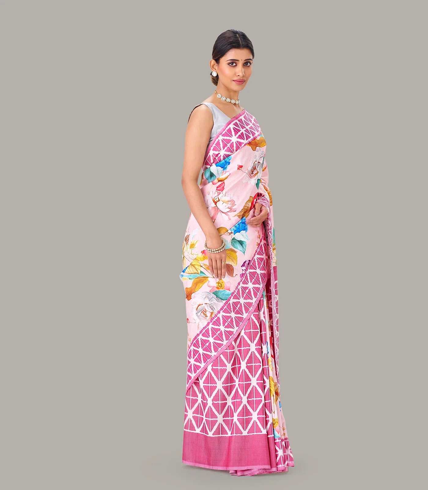 Baby Pink Handloom Silk Saree With Printed Floral Motifs
