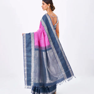 Bubble-gum Pink Handloom Kanchipuram Korvai Silk Saree With Zari Stripes