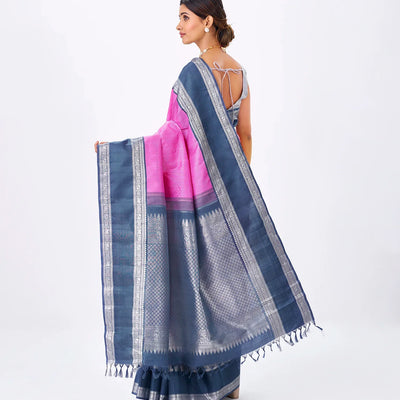 Bubble-gum Pink Handloom Kanchipuram Korvai Silk Saree With Zari Stripes