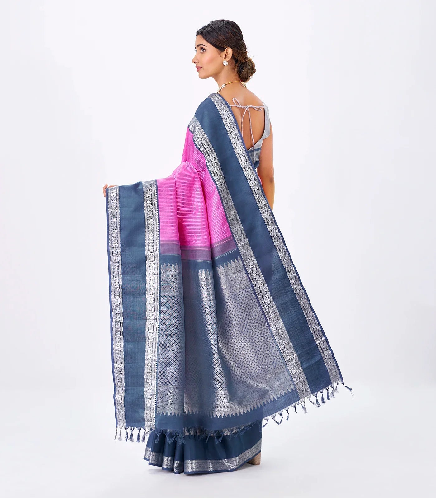 Bubble-gum Pink Handloom Kanchipuram Korvai Silk Saree With Zari Stripes